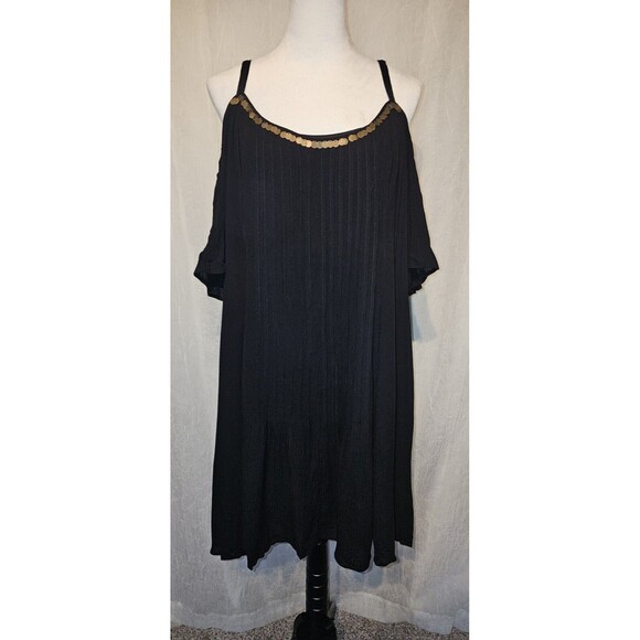 NWT Torrid Women's 1X Plus Black Mini Gauze Cold Shoulder Trapeze Dress Sequin - Picture 2 of 7